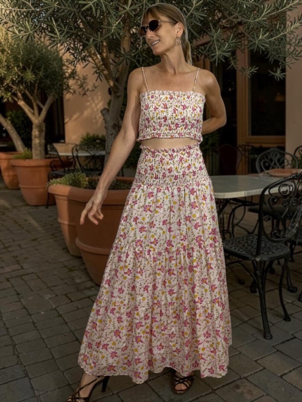 Ash & Eden Two Piece Maxi Skirt and Crop Top Set M Pink Floral Cotton